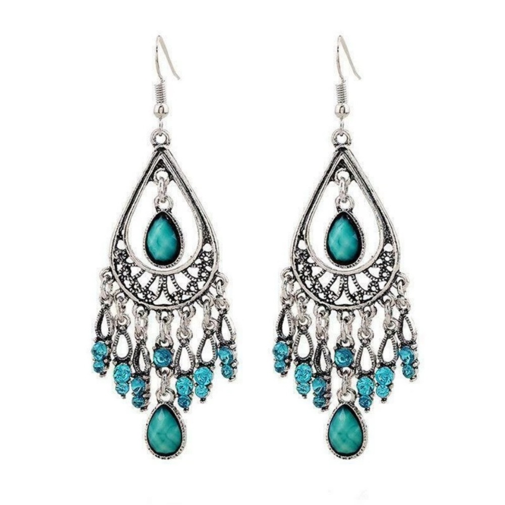 BOHO 925 Silver Tibetan Turquoise & Jewel Dangle Earrings NIB